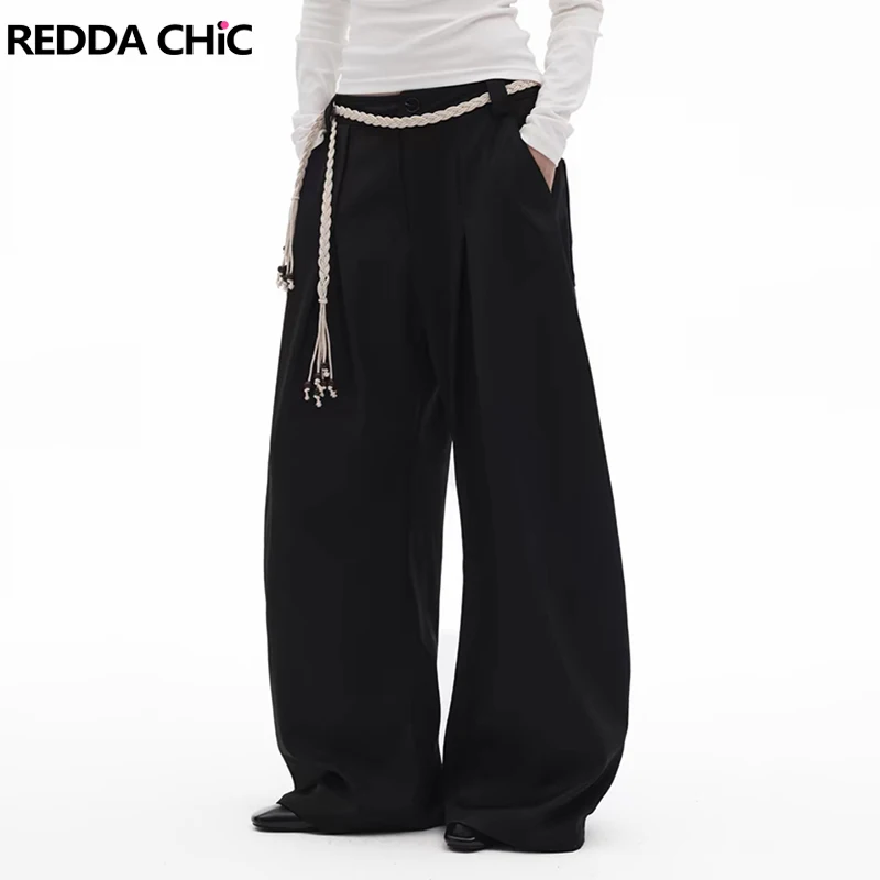 

REDDACHIC винтажные черные плиссированные брюки большого размера, мужские однотонные драпированные широкие брюки с карманами и низкой талией, длинные брюки, повседневная одежда