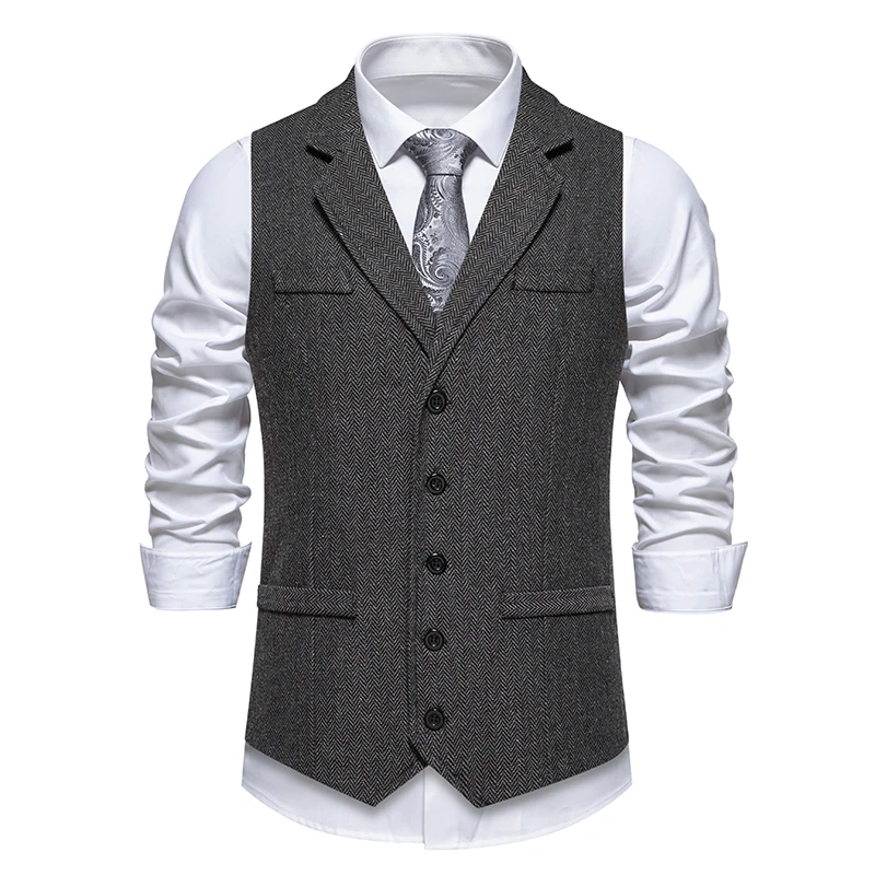 Autumn Men's Lapel Multi-Pockets Vest Fashion Herringbone Coarse Tweed Suit Vest British Casual Vintage Gentleman Leisure Party