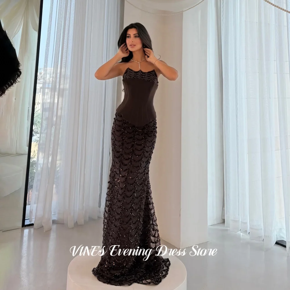VINES Brown Mermaid Prom Dress Strapless Beaded Neck Crepe Bodice Sequin Lace Tulle Skirt Formal Evening Party Gown Customized