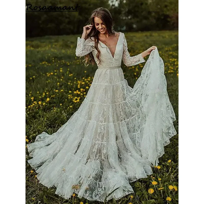 Винтажные свадебные платья трапециевидной формы с v-образным вырезом и длинными рукавами, аппликации с открытой спиной, кружевные многоярусные свадебные платья в стиле кантри