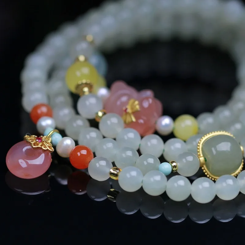 Natural Hetian Jade Bracelet with Yanyuan Agate Safety Buckle Bear Charms Elegant Unisex Style Gifts