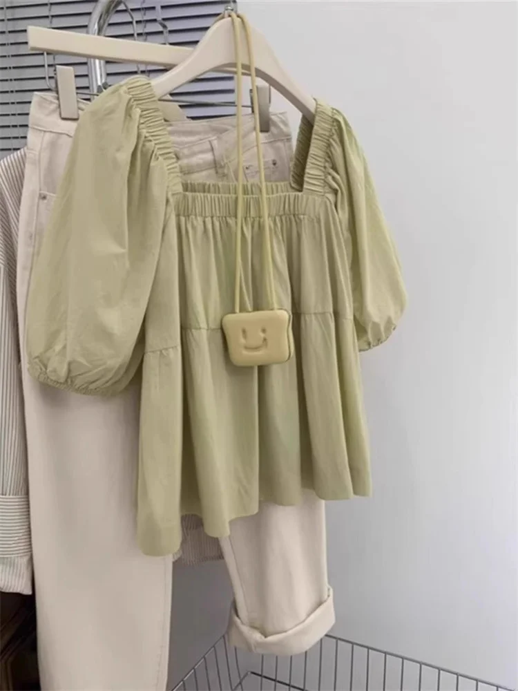 

Summer New Style Women's Bubble Sleeve Shirt Square Collar Loose Fit Doll Top Slimming Versatile Short Sleeve Korean Style