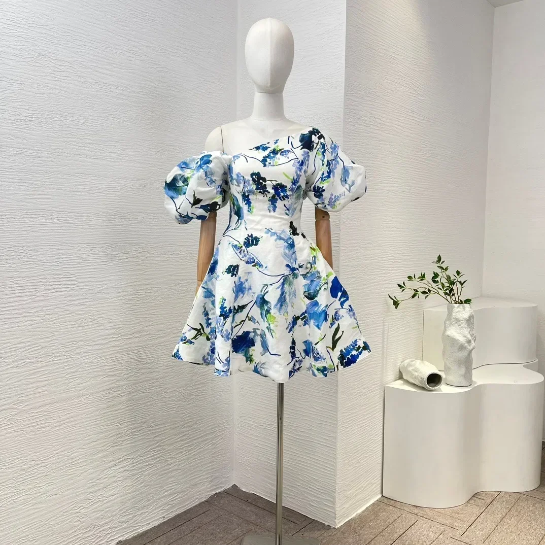 Latest 2024 Self Tie Back Bow Floral Printing High Stree Style Ruched Mini Dress for Women