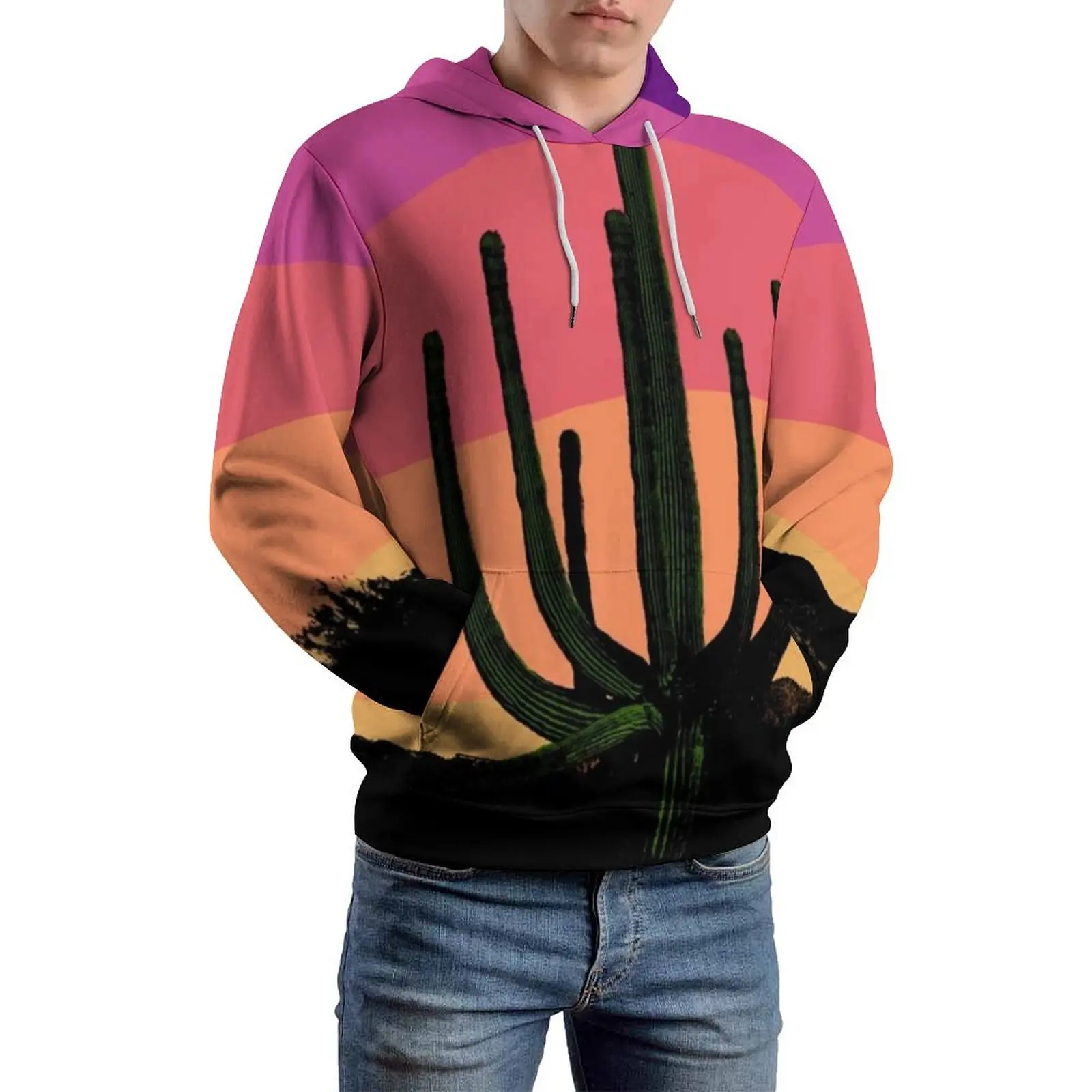 

Colorful Desert Loose Hoodies Saguaro Cactus Sunset Street Wear Hoodie Men Long Sleeve Retro Graphic Sweatshirts Plus Size 6XL