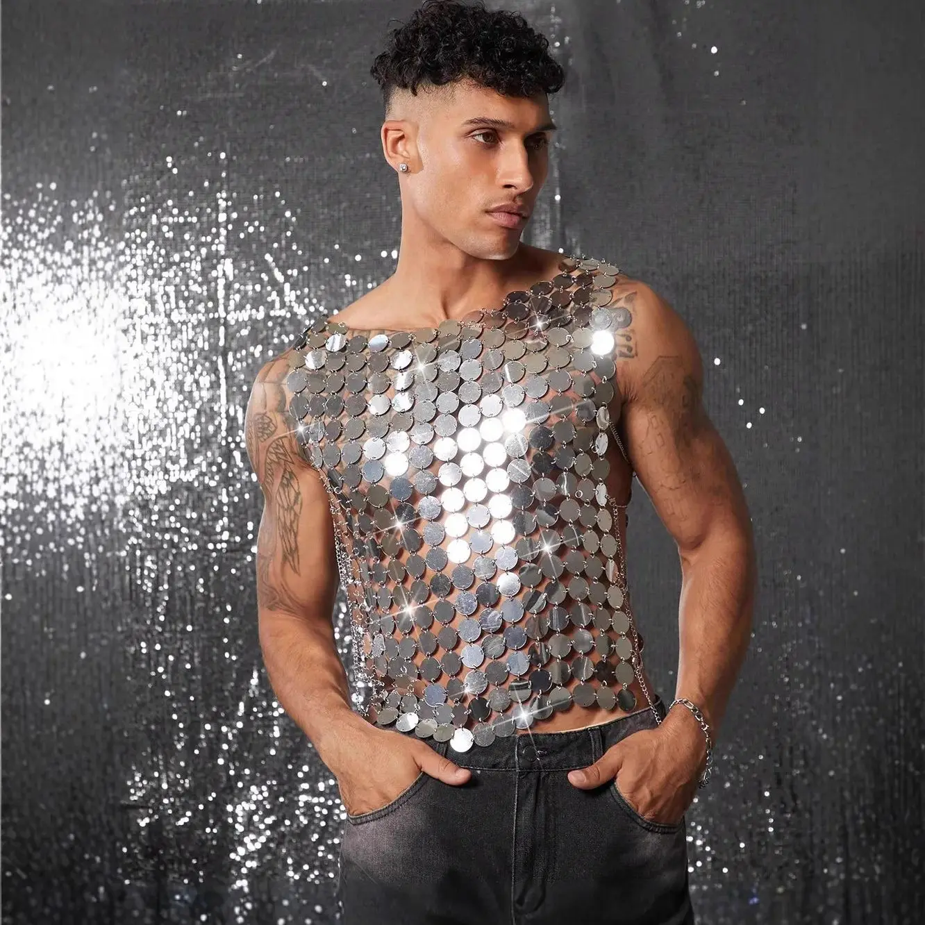 Nightclub Sparkling Sequined Vest Men'S Clothing Party Stage Performance Metallic Beaded Top  Silver Openwork Sexy Clothing
