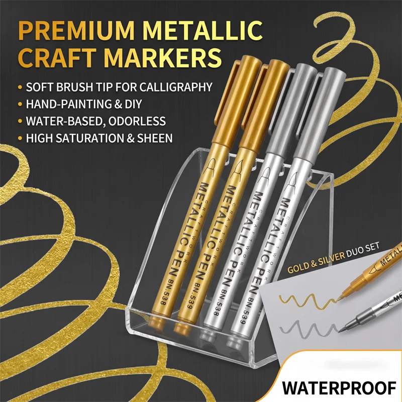 6Pcs Brush metallic Water‑based Marker Pens Gold Silver Color Permanent Art Marker Office Supplies Fade Proof paint marker