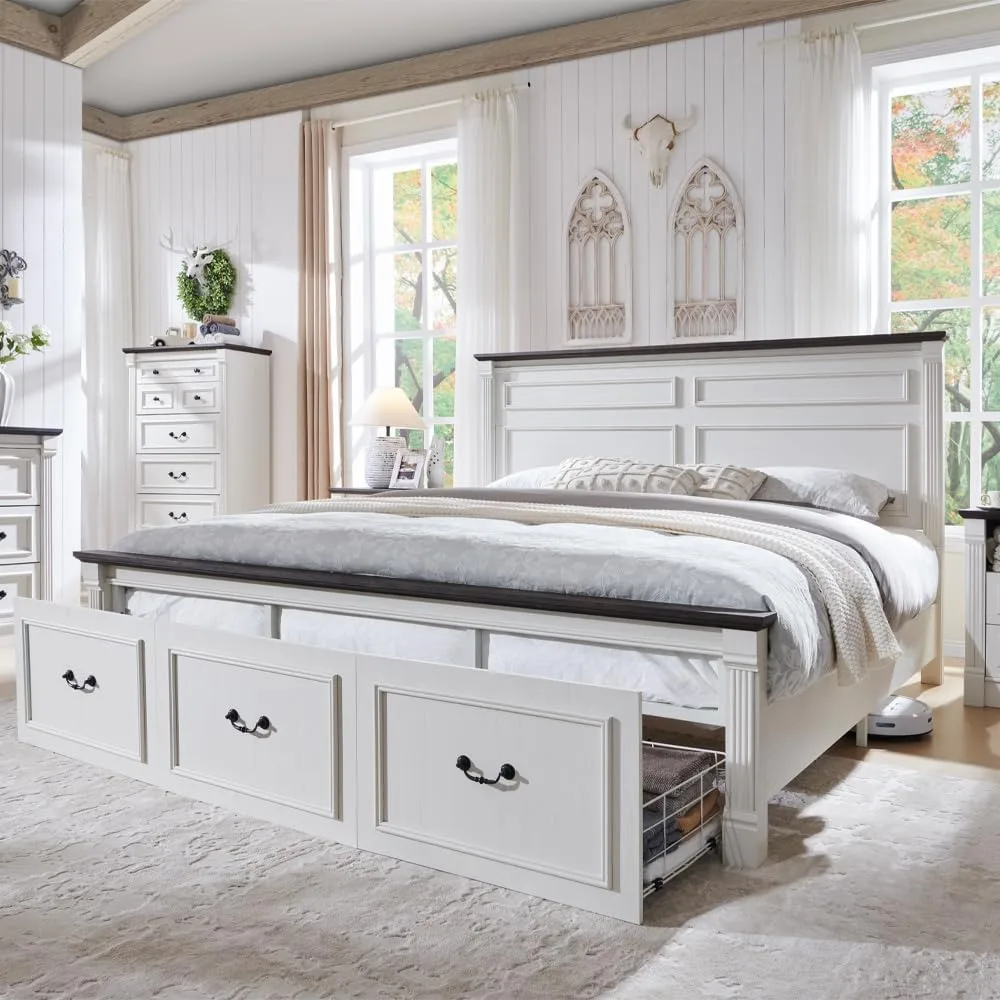 King Bed Frame with Headboard & Roman Column Decoration Footboard & 3 Large Storage Drawers, No Box Spring Needed