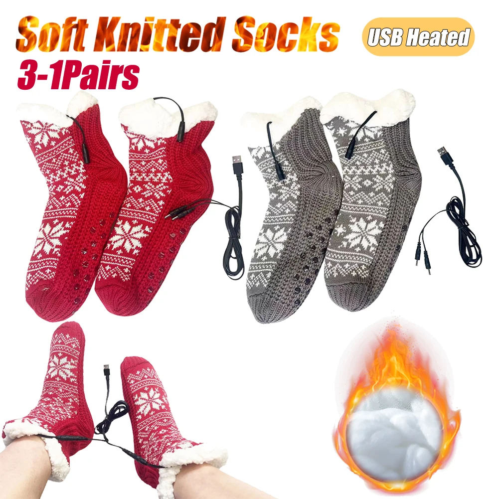

3-1 пара мягких вязаных носков с USB-подогревом, пушистые носки-тапочки, плюшевые носки-тапочки, уютные постельные тапочки, ковровые носки для зимы в помещении