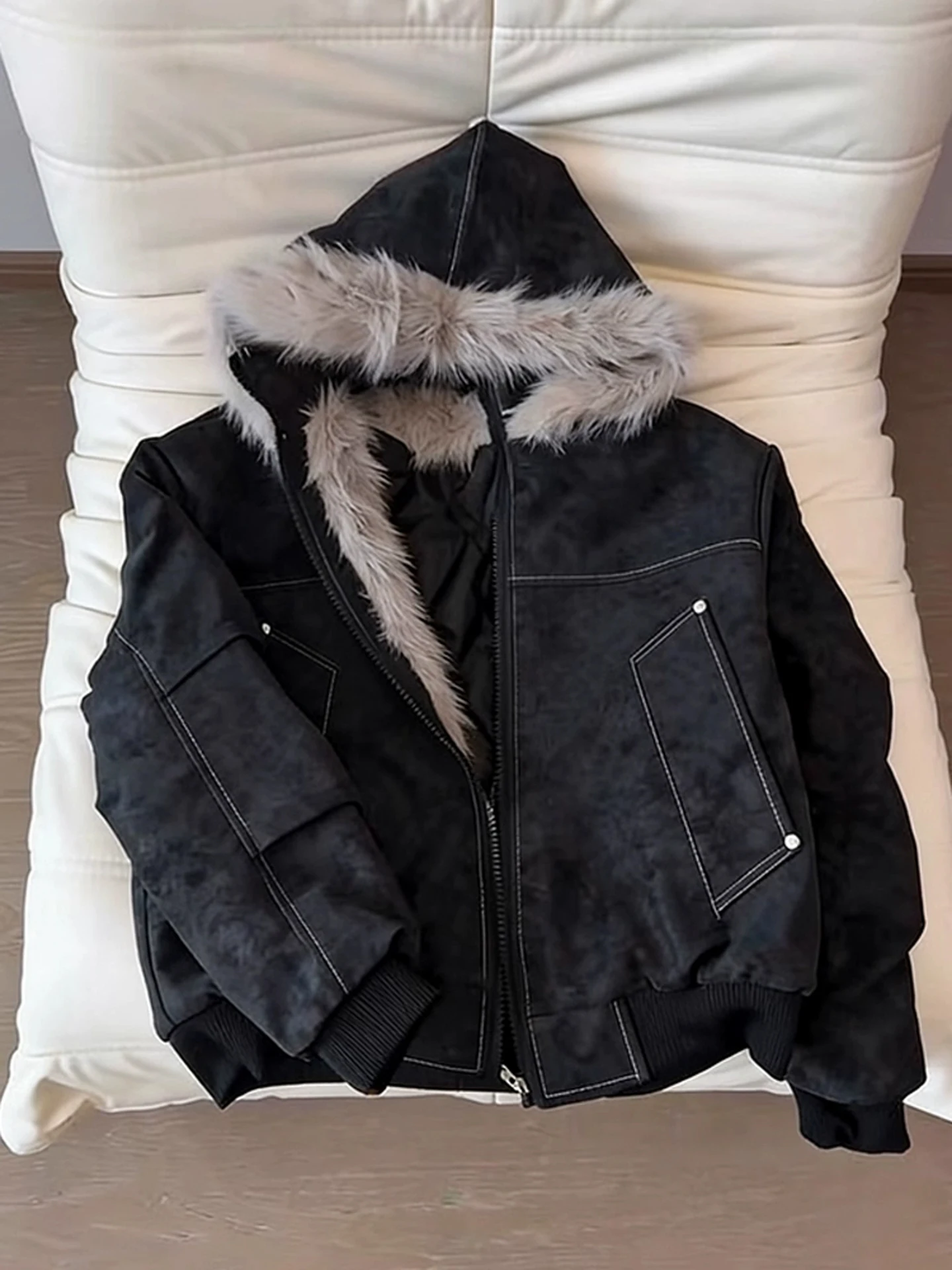 

American Retro Dyed PU Leather Jaet Cotton Coat Men's Winter Fce Lined Thiened Hooded Mountaintop Eagle Jaet