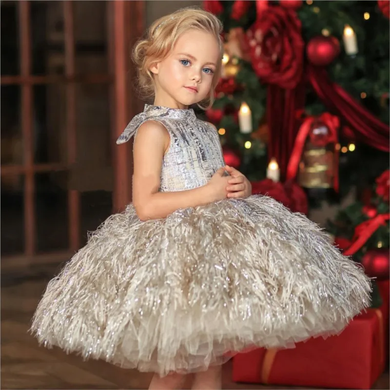 Fashion Baby Girl Princess Feather Sleeveless Dress Infant Toddler Child Vintage Vestido Party Pageant Birthday Ball Gown 1-12Y