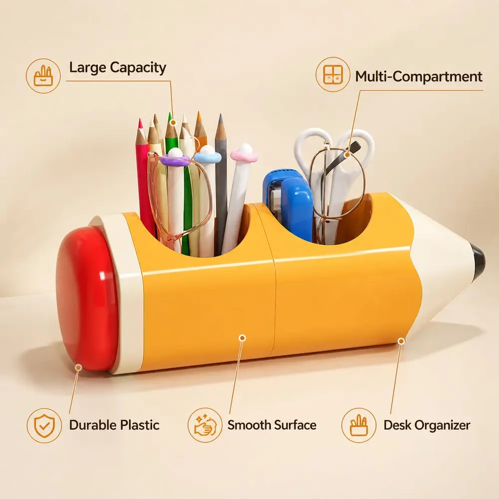 Gifts Plastic Pencil Holder Pencil-Shaped Cartoon Style Pencil Cup Yellow Multi-Compartment Stationery Organizer Student Use
