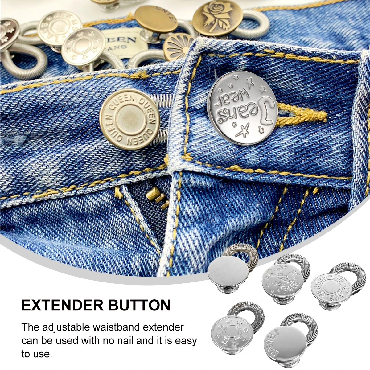 

5 pcs Adjustable Waistband Extender For Jeans Needed Durable Metal Pant Waist Extender Button Elastic Spring