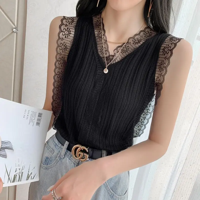 

Elegant V-Neck Spliced Knitted Lace Sleeveless T-Shirt Women's Clothing 2023 Summer New Casual Pullovers All-match Tee Shirt