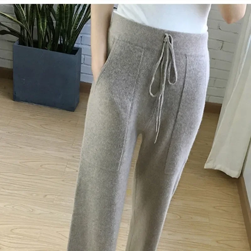 

3 Color Women Autumn Winter Pants Solid Pure Knit Wide Leg Cashmere Trousers Ladies Fashion Casual Loose Wool Knit Pants M-XL