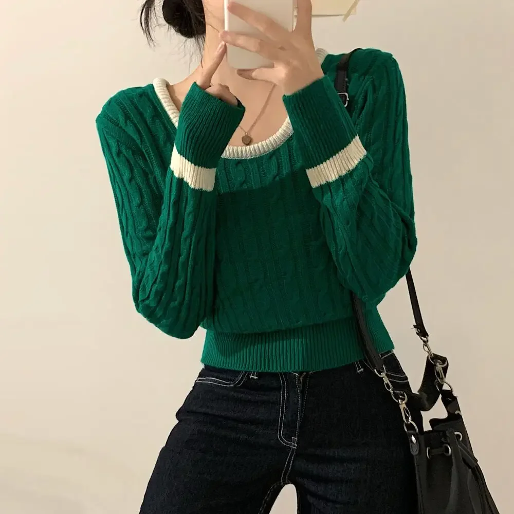 

Korean Sle Japan Fashion Square Collar Color Block Twist Pullover Long Sleeve Sexy Short Knit Christmas Sweater Women Q53