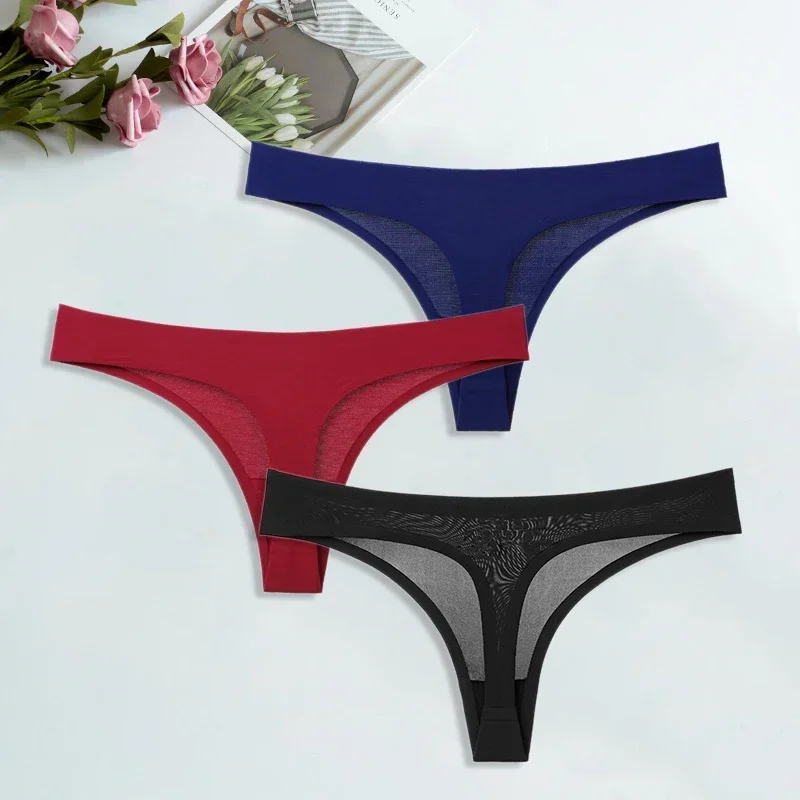 Ice Silk G-String for Women Sexy Seamless Thongs Panties Cotton Women Underwear Girls Ladies Bikini Briefs Lingerie 3 Pcs/set