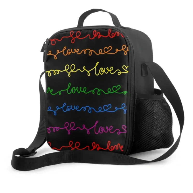 Love Word And Hearts Lunch Box Izolowana torba na posiłek Progress Lgbt Pride Symbol Lunch Bag Pojemnik na żywność do szkolnego podróży Piknik