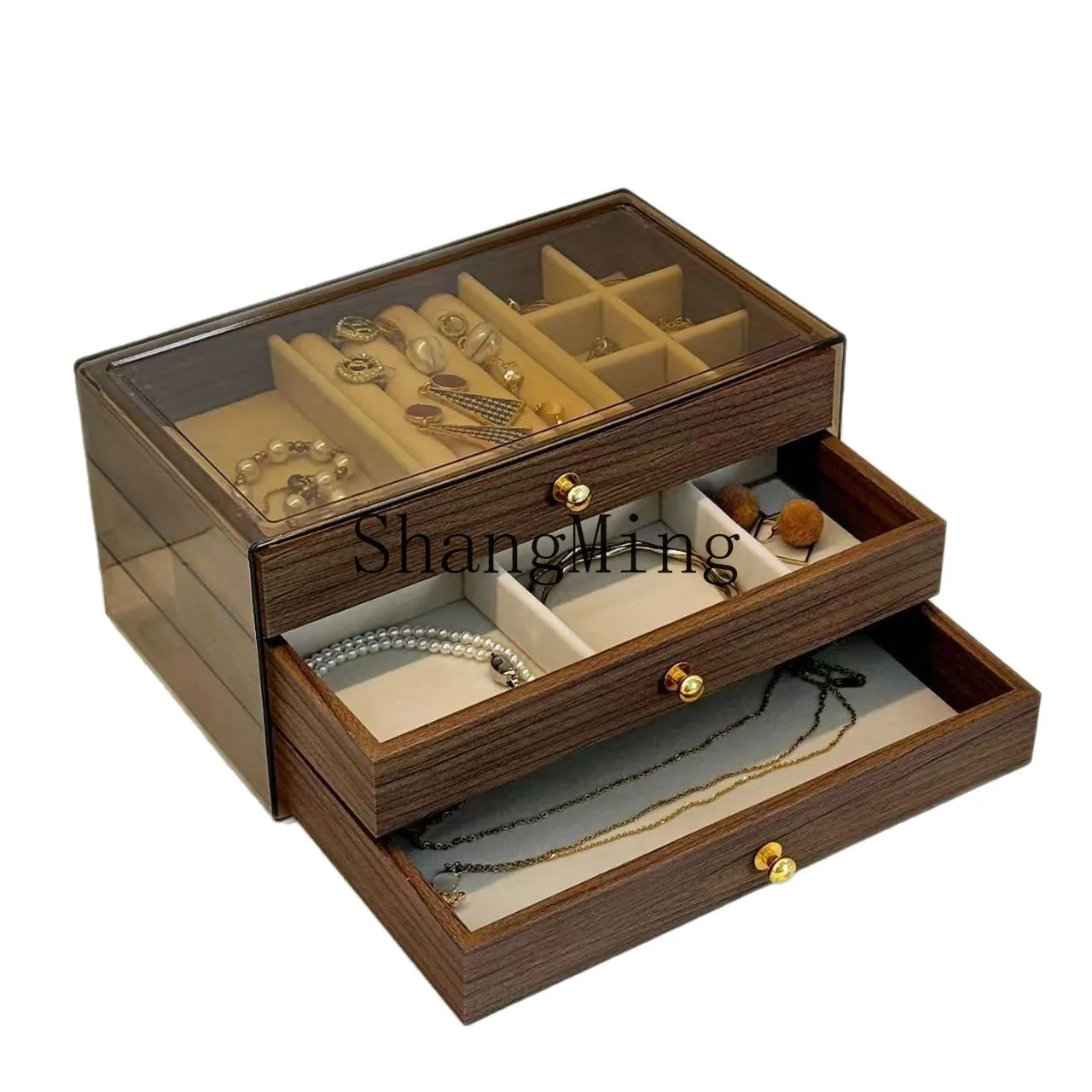 

PYH jewelry storage box, bedroom high-end exquisite walnut pattern 5-layer large-capacity stud earrings