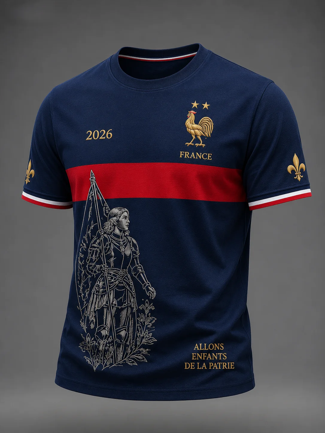 Camiseta de Futebol França 2026 Joana d'Arc, Estampa Galo Dourado Duas Estrelas Unissex Manga Curta Top de Equipe