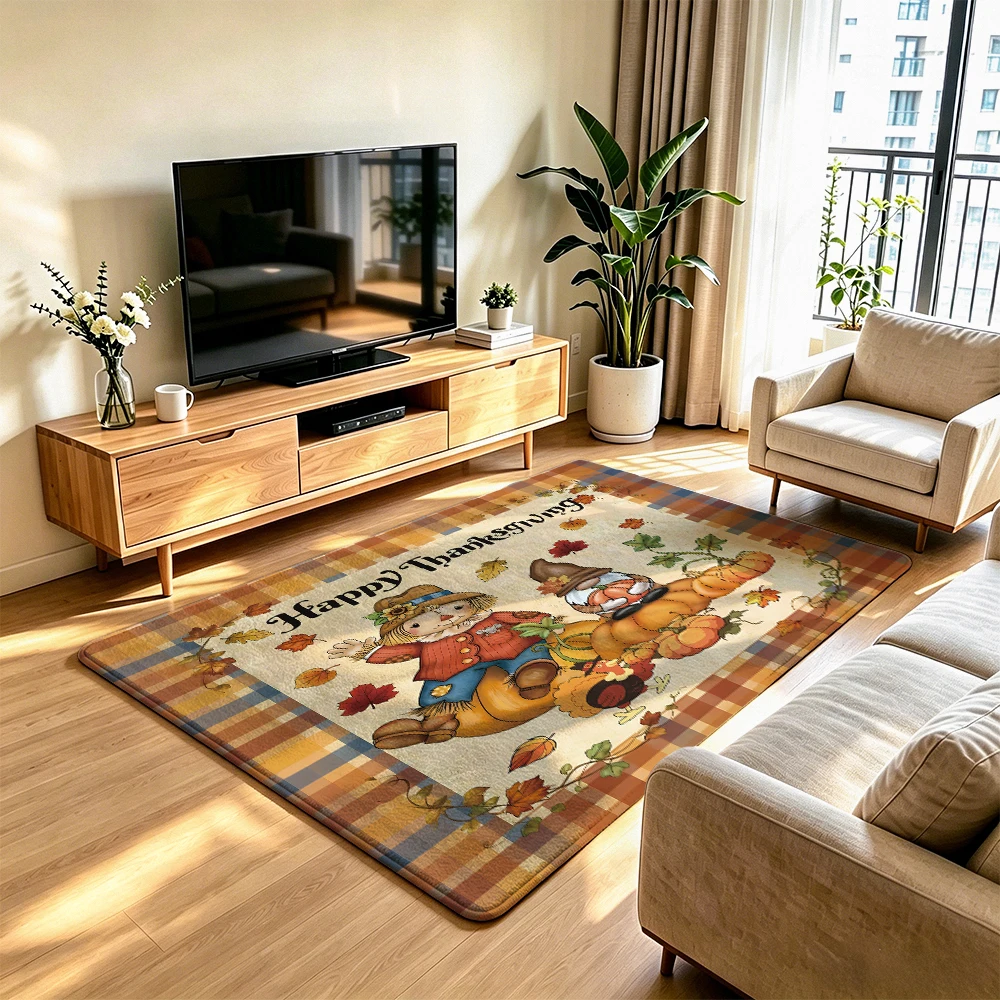 Thanksgiving Gnome Pumpkin Plaid Felt Rug Living Room Non-Slip Floor Mat for Thanksgiving Home Decor