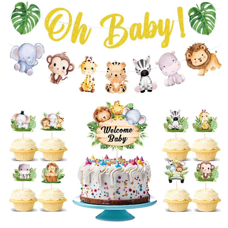 Cartoon Safari Dieren Cake Toppers Giraffe Leeuw Zebra Cupcake Wikkel Wilde Jungle Thema Kinderen Verjaardagsfeestje Baby Shower Decor