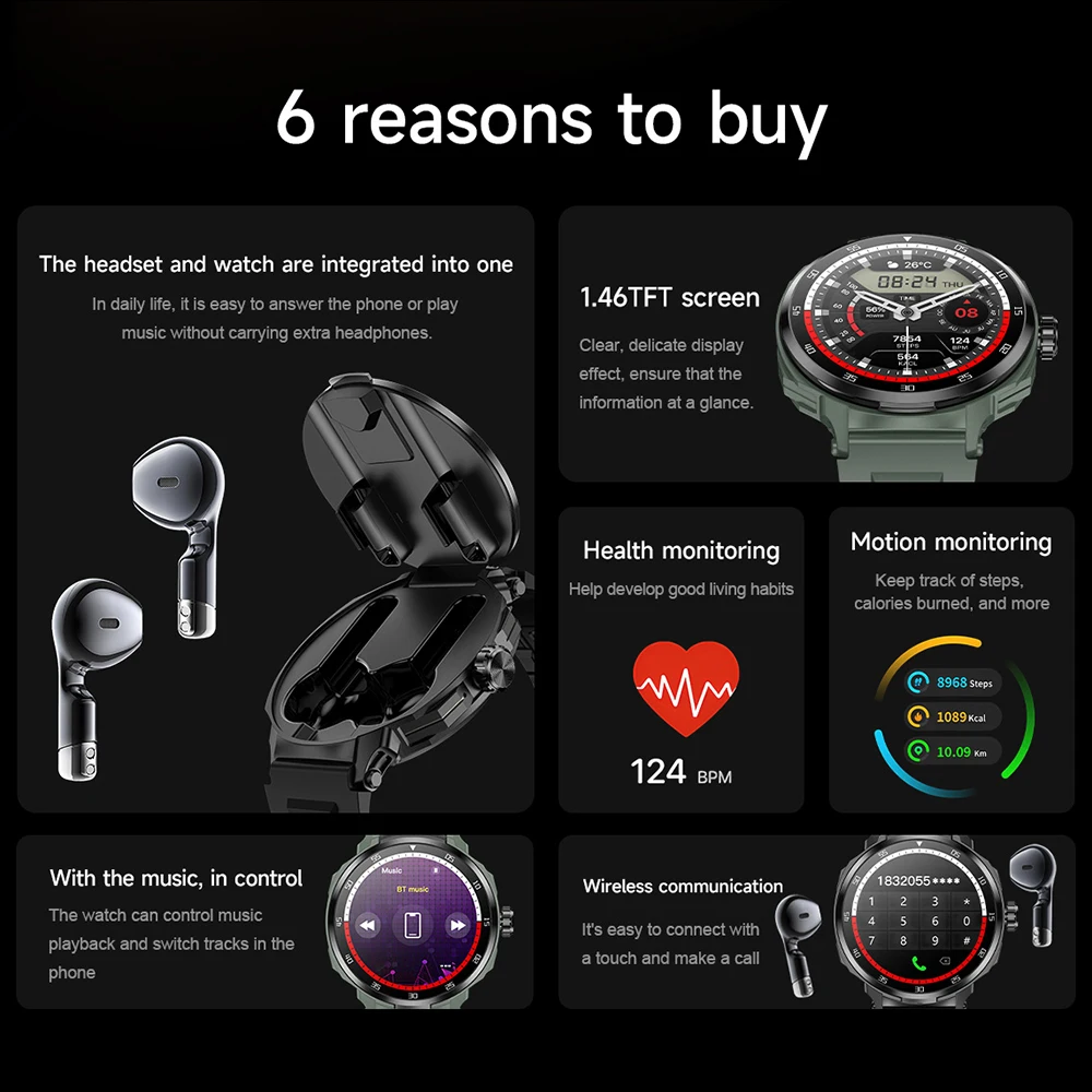 NFC 2 In 1 Bluetooth Headset Smart Watch TWS Music Talk With Earbuds Blood Pressure Heart Rate Testing Men SmartWatch