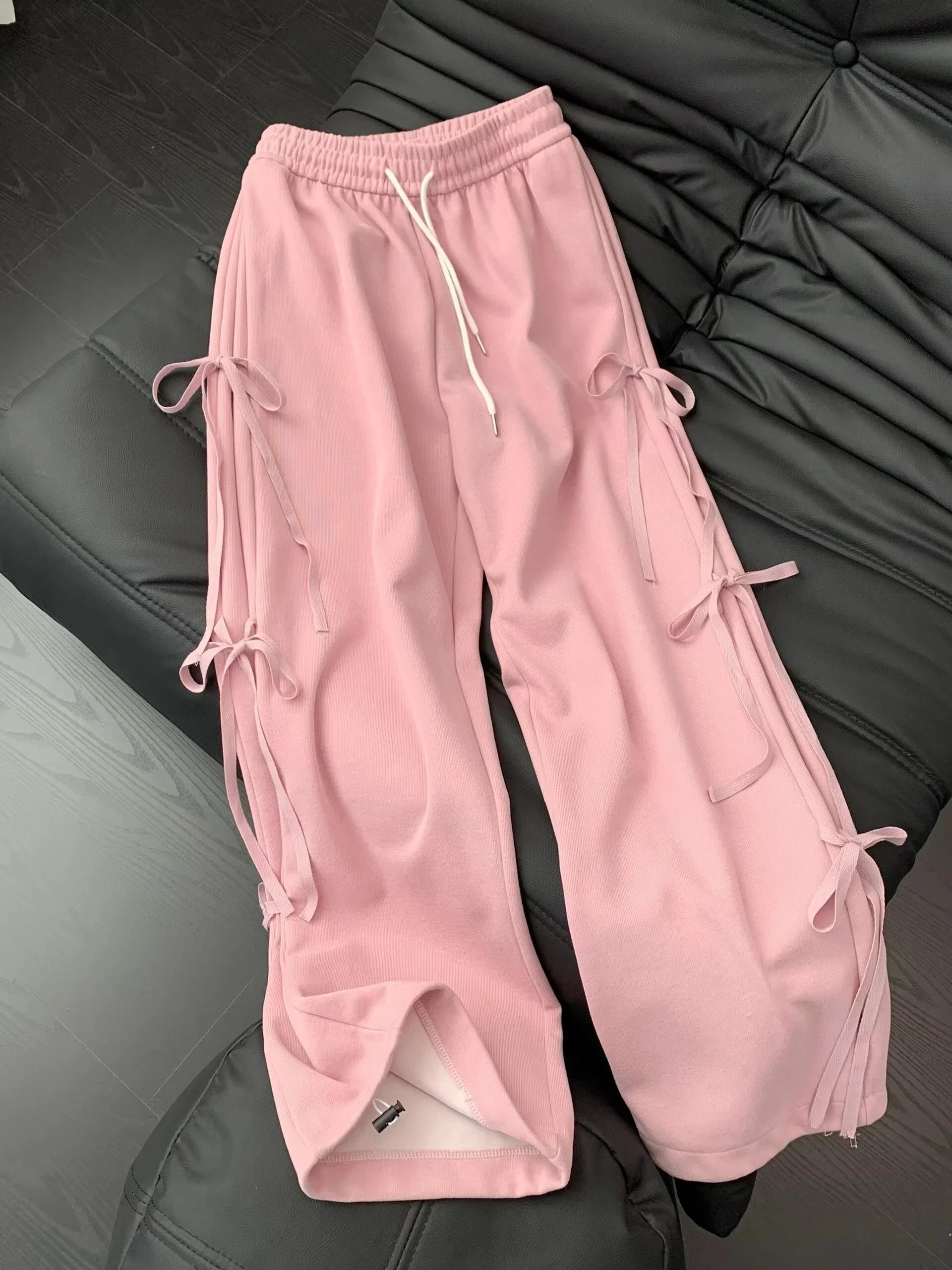 Bow tie high waisted gray sports pants for women casual pants that look slim and non-stick lazy draped wide leg pants in pink