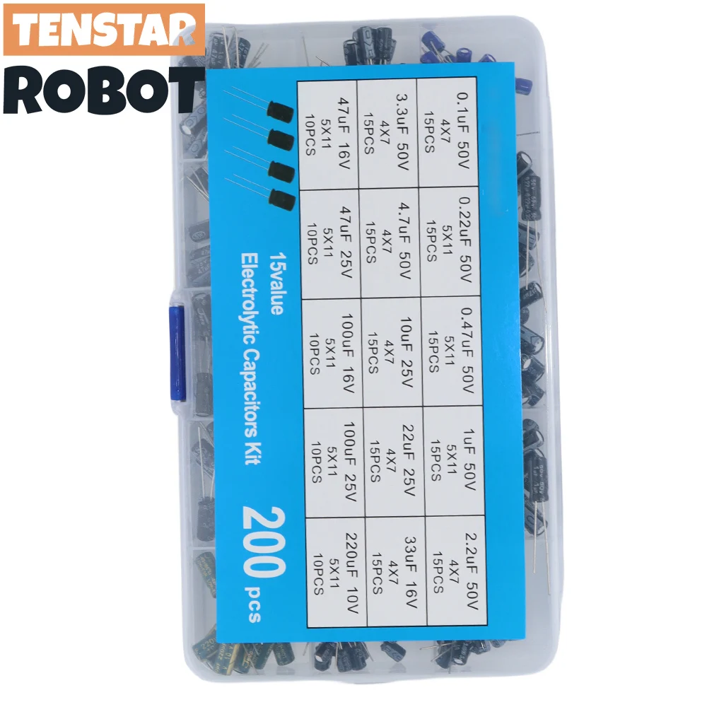 200pcs Radial Capacitors Set 15Values 10V 16V 25V 50V 0.1uF-220uF Electrolytic Capacitor Assortment Kit 0.22uf 2.2uf 100uf