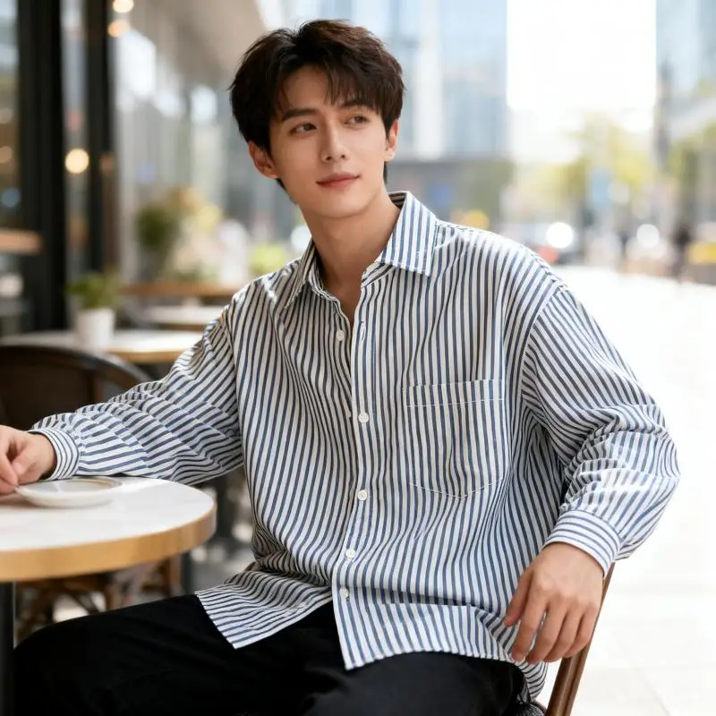 

Casual High Quality Striped Men's Long Sleeve Shirt Lightweight Spring Autumn Style Loose Fit Outerwear Summer