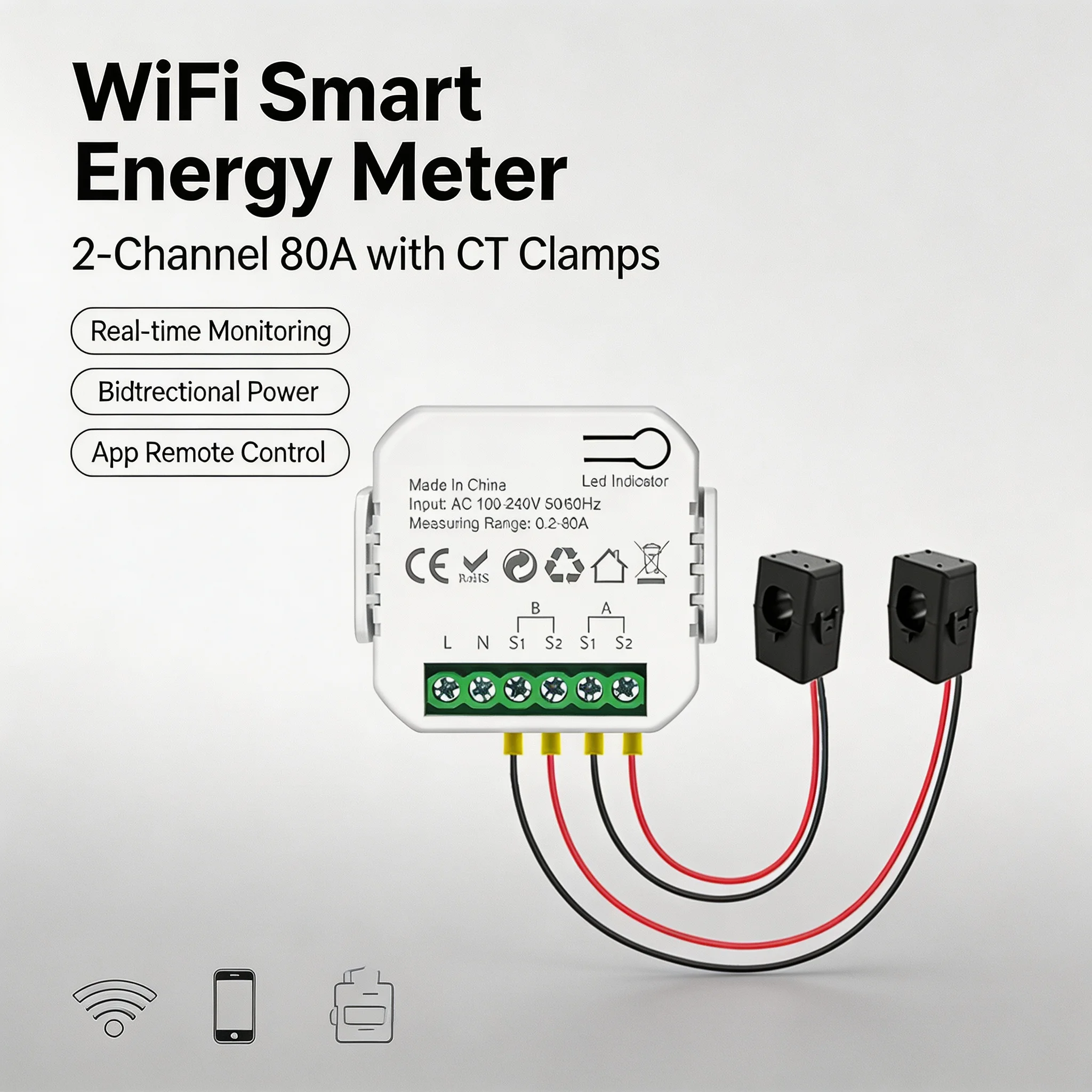 Tuya WiFi Smart Energy Meter with 2‑Channel 80A CT Clamps, Bidirectional Power Monitor, Real‑time Voltage Current KWh Tracking,