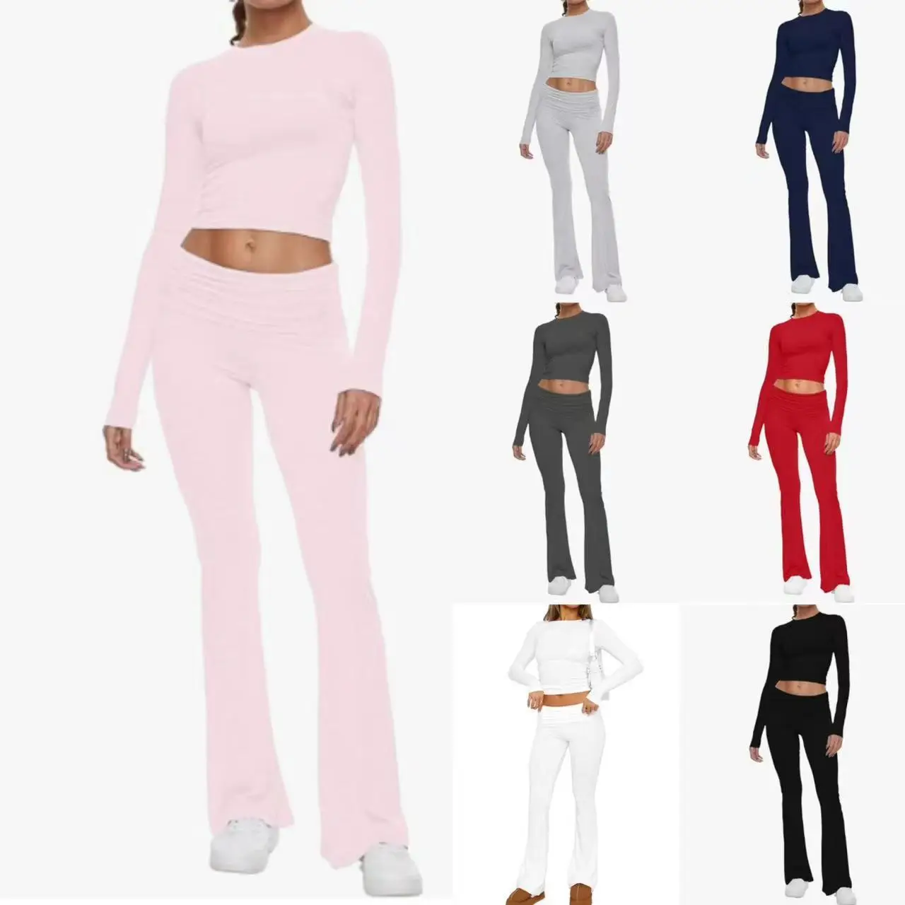 Crop Round Neck Slim Low Waist Flare Pants Set Women's Casual Trendy