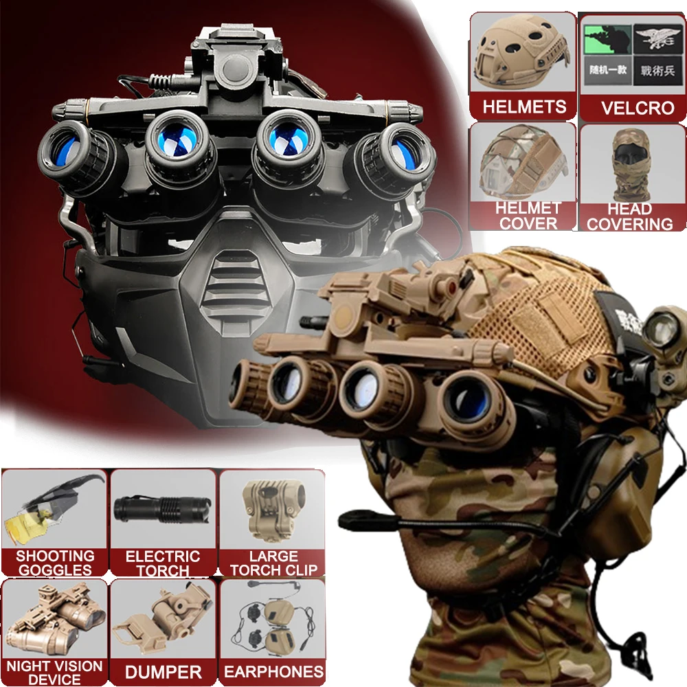 Tactical Fast Four Mesh Night Vision Instrument Suit With Communication Headset Flashlight Head Cover Airsoft Helmet Accessories