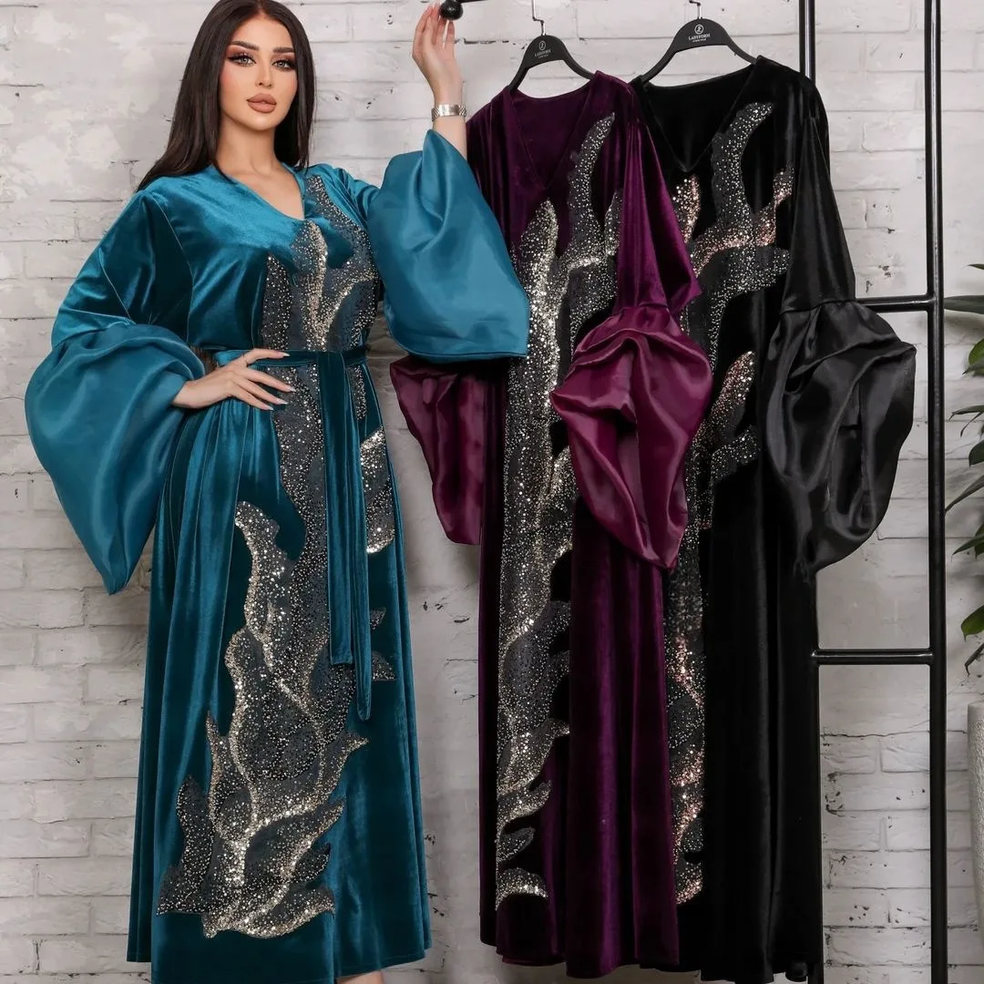 Robe de soirée arabe en velours à paillettes pour femmes, col en V, manches bouffantes, caftan chaud du Golfe Abaya, vêtements islamiques du Moyen-Orient, Ramadan