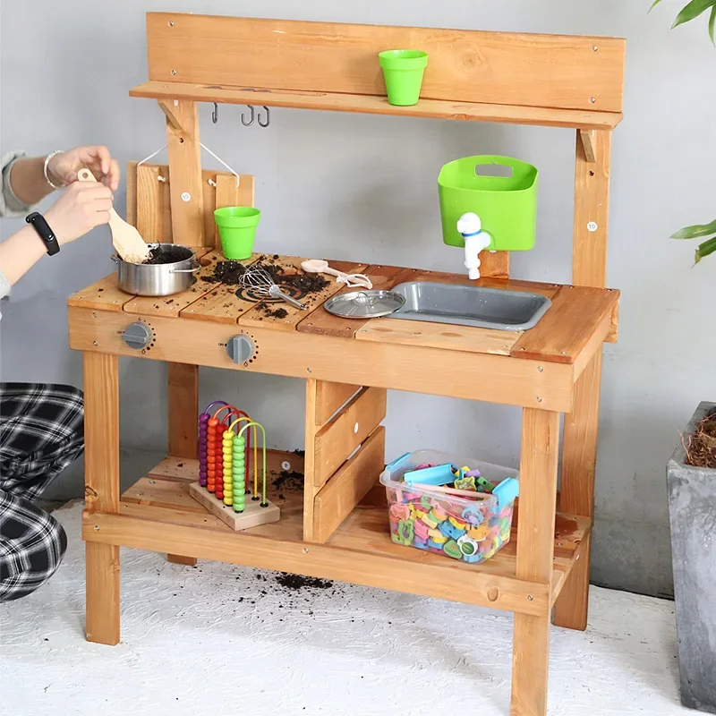 

Christmas Gift Montessori Wooden Outdoor Kitchen Toy Diy Miniature Dollhouse Kit Building Blocks Baby Development Games Magnets