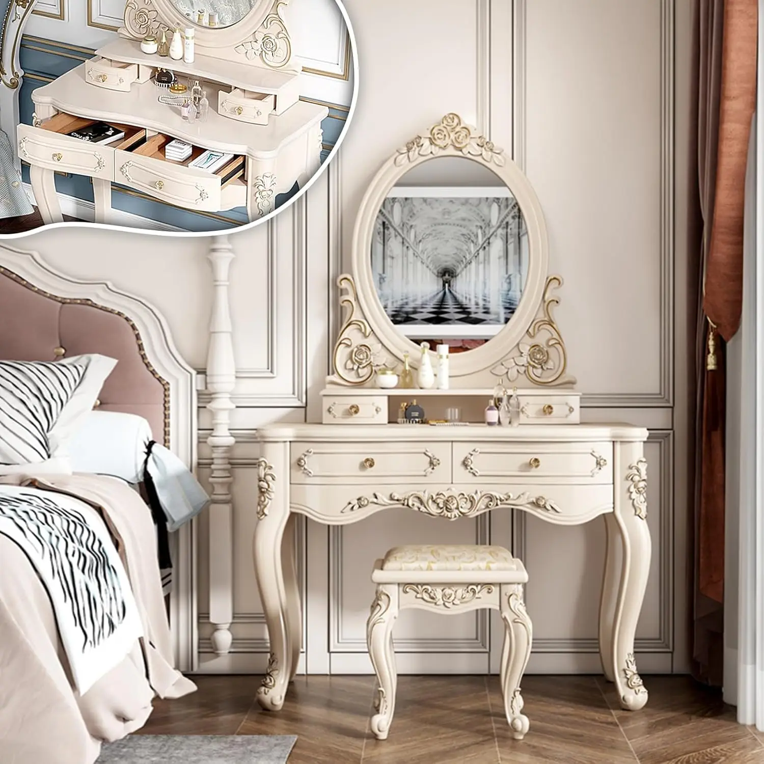 

Туалетный столик для спальни, винтажный деревянный винтажный туалетный столик, зеркало для макияжа, табуретки AB, модель 24/32/40 дюймов, 60/80/100 см