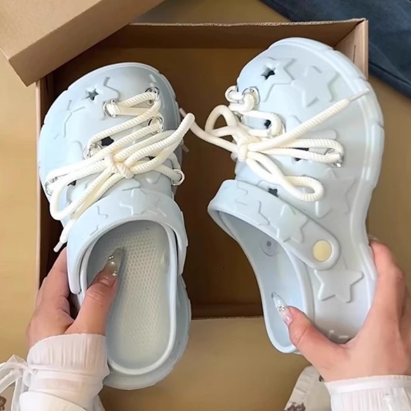 

Women Platform Sandals Leisure DIY Laceup Clogs Thick Sole Summer Garden Shoes Cute Star Style Female Daily Street Slippers