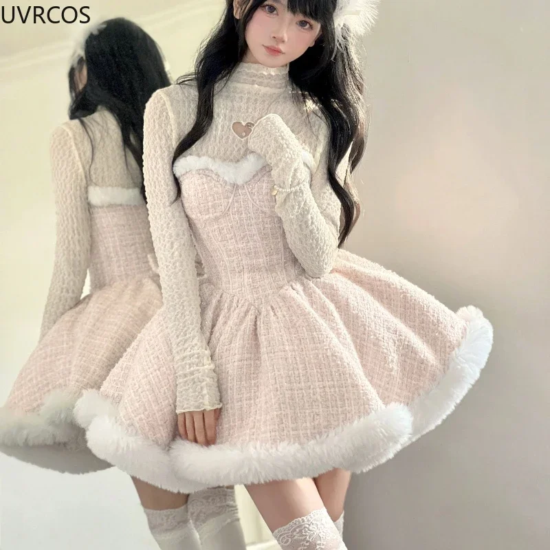 Japanese Style Elegant Tweed Plaid Dress Sets Women Plush Hooded Shawl Short Jackets Mini Skirts Kawaii Christmas New Year Suit