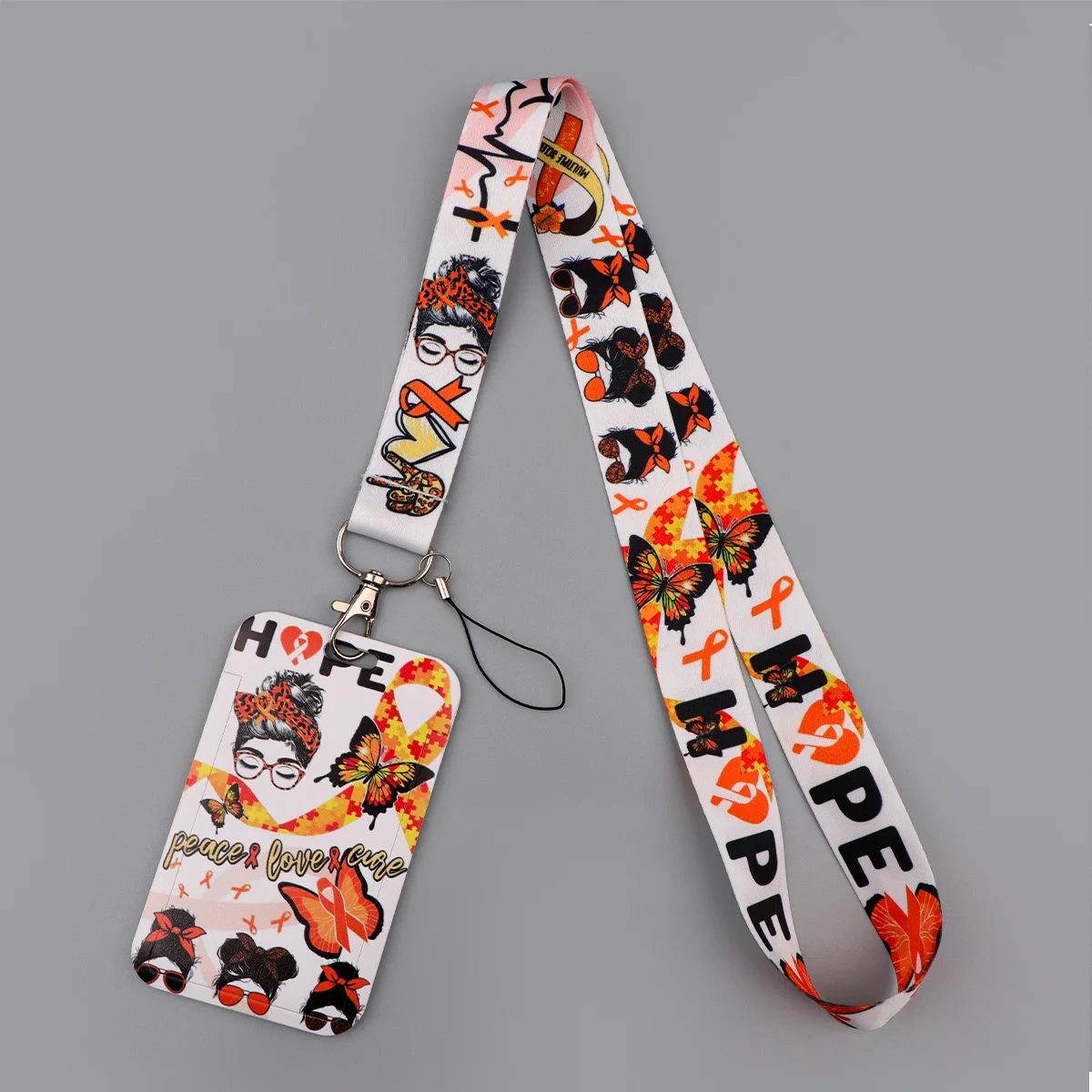 

Orange Ribbon Hope Lanyard Card Holder Peace & Love Themed Hanging Mobile Phone Charm Neck Straps Badge Holder Key Holder