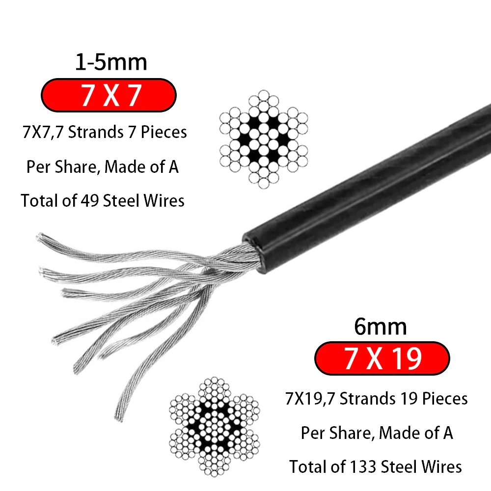 2/3/4/5/6mm Black Coated PVC Plastic 304 Stainless Steel Wire Rope Cable 5M/10M/50M/100M With Good Corrosion Resistance