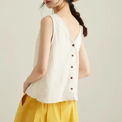 Women Clothing Vintage Simple Causal Vacation with Buttons Linen Tank Tops 2024 Summer Female V Neck White Loose Sleeveless Vest