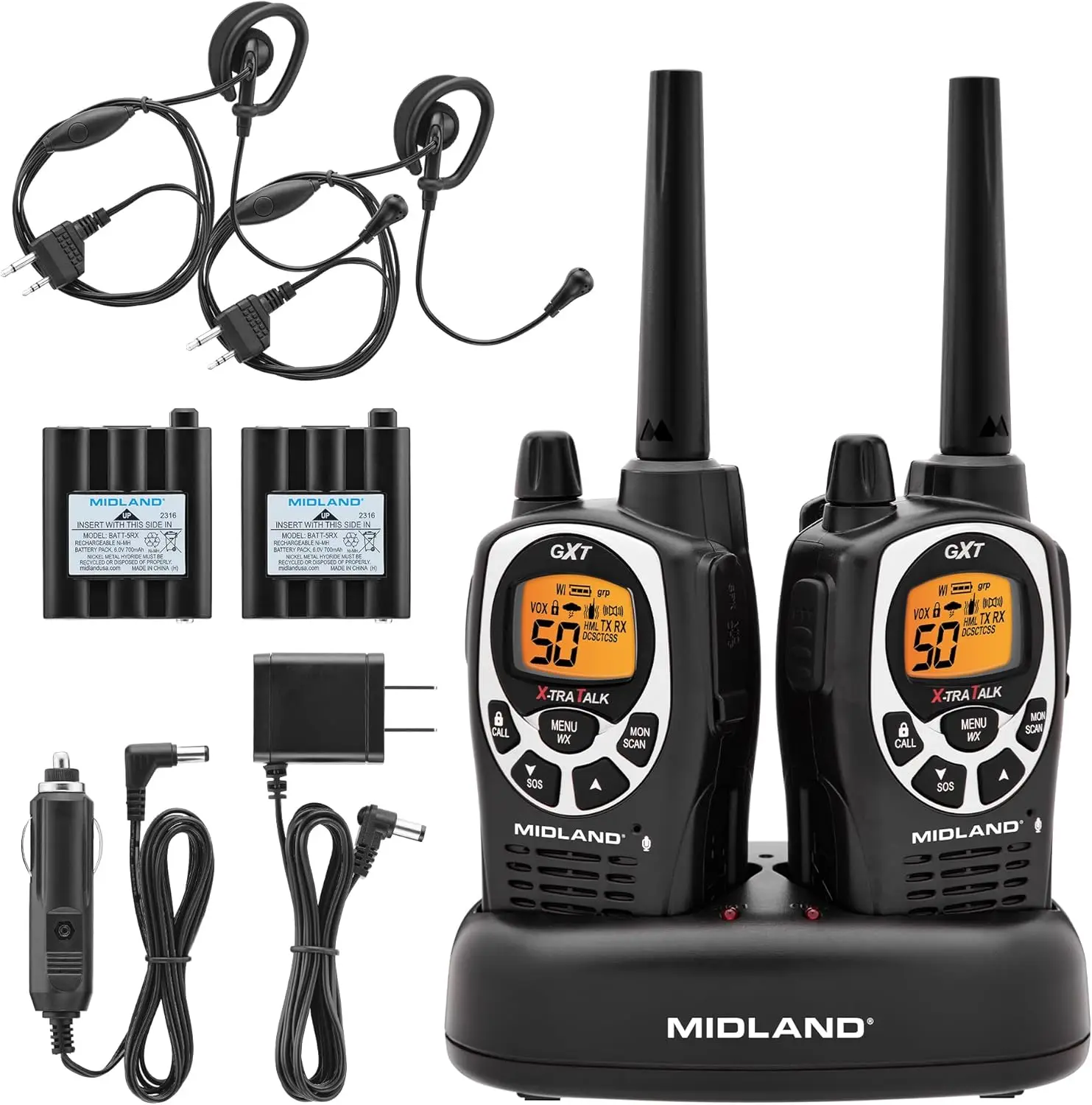 

Long-Range GMRS Two-Way Radio with 50 Channels, Weather Alert, Rechargeable Battery, Black/Silver, 2-Pack