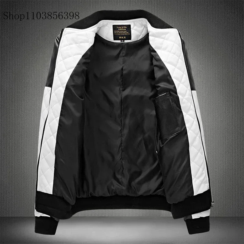 2024 Men Jacket Motorcycle Pu Leather Coat Male Autumn Winter Black White Patchwork Motorcycle Leather Jacket Mens Windbreaker