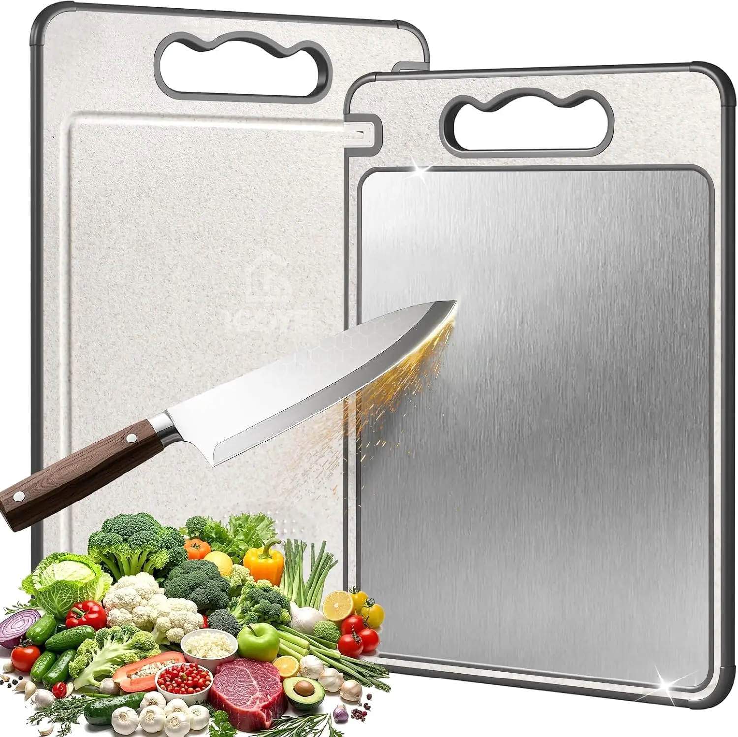 Double-Sided Titanium & Wheat Straw Cutting Board, Non-Slip Kitchen Chopping Board 14.37x9.84in Dishwasher Safe 1