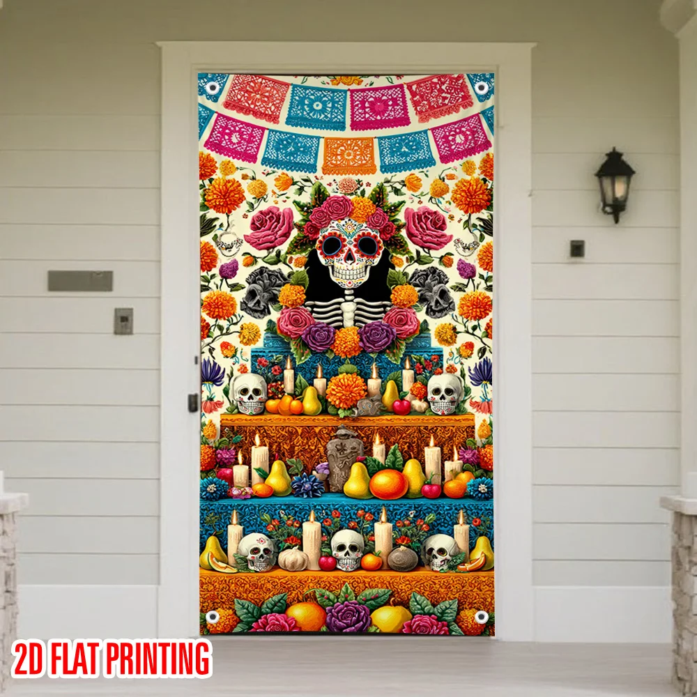 2D-Türvorhang-Banner, 1, großer Türvorhang „Day of the Dead“ – Totenkopf und Ringelblumenmuster im kalifornischen Stil – Polyester