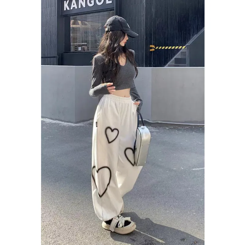 Fashion Casual Pants Women Summer Thin Vintage Heart Printing Y2k Section Loose Straight Jogging Pants Bf Hip Hop Streetwear