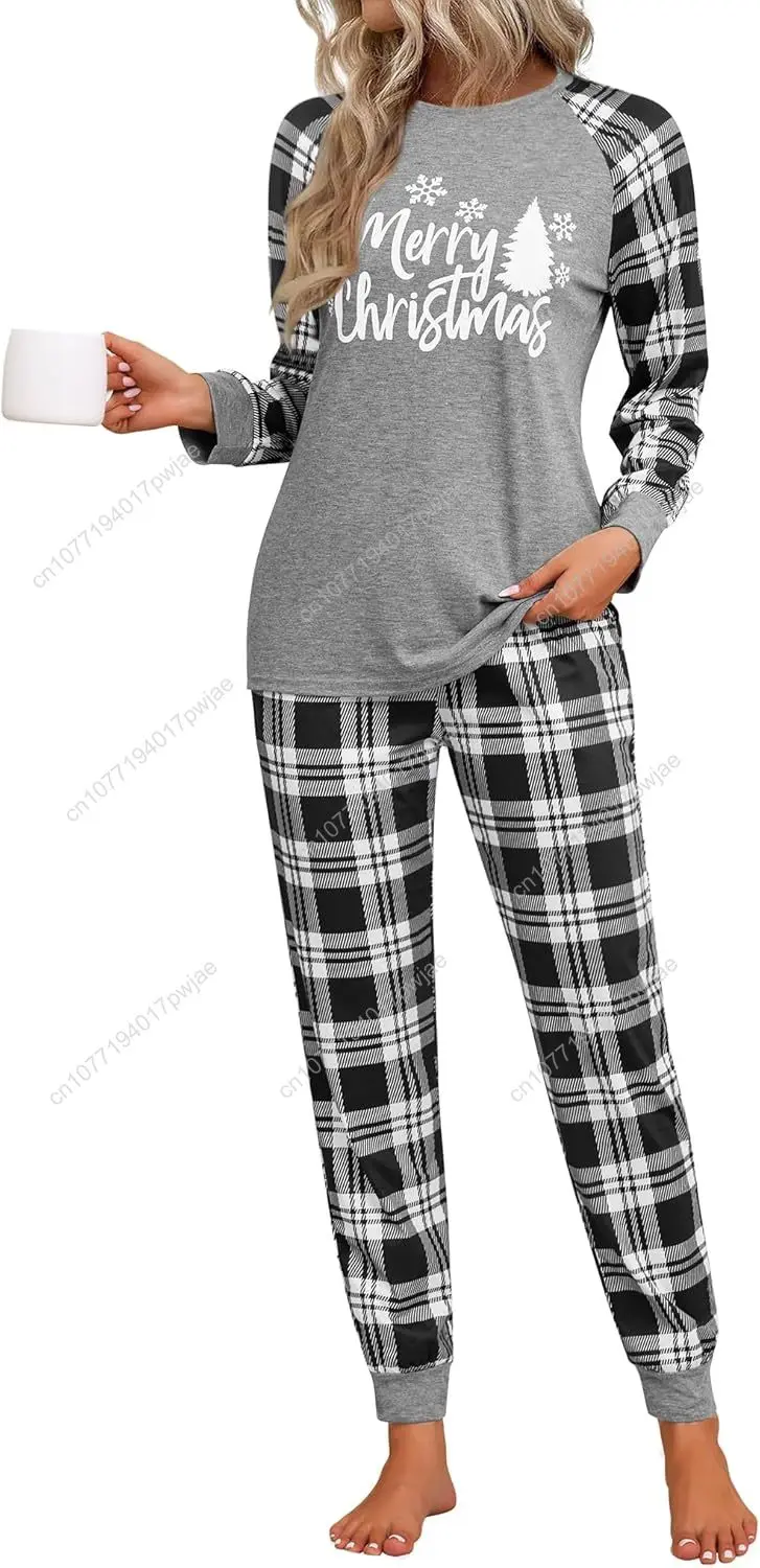 

трудно клетчатый женский рождественский пижамный комплект с длинными рукавами и принтом, мягкие клетчатые брюки, одежда для сна с карманами