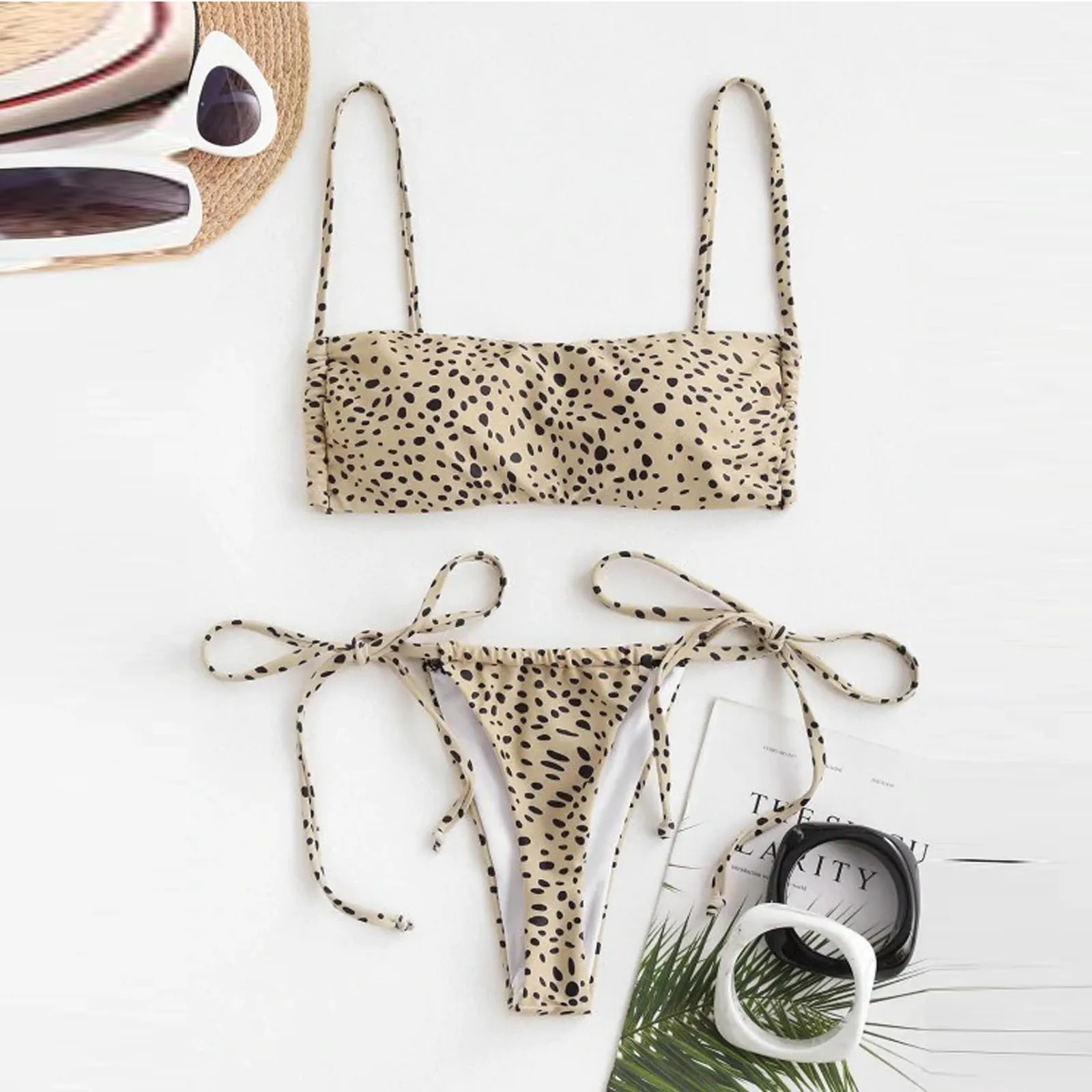 Leopard imprimir duas peças maiô, cintura alta, cor sólida, para as mulheres, roupas de praia, tankini, verão