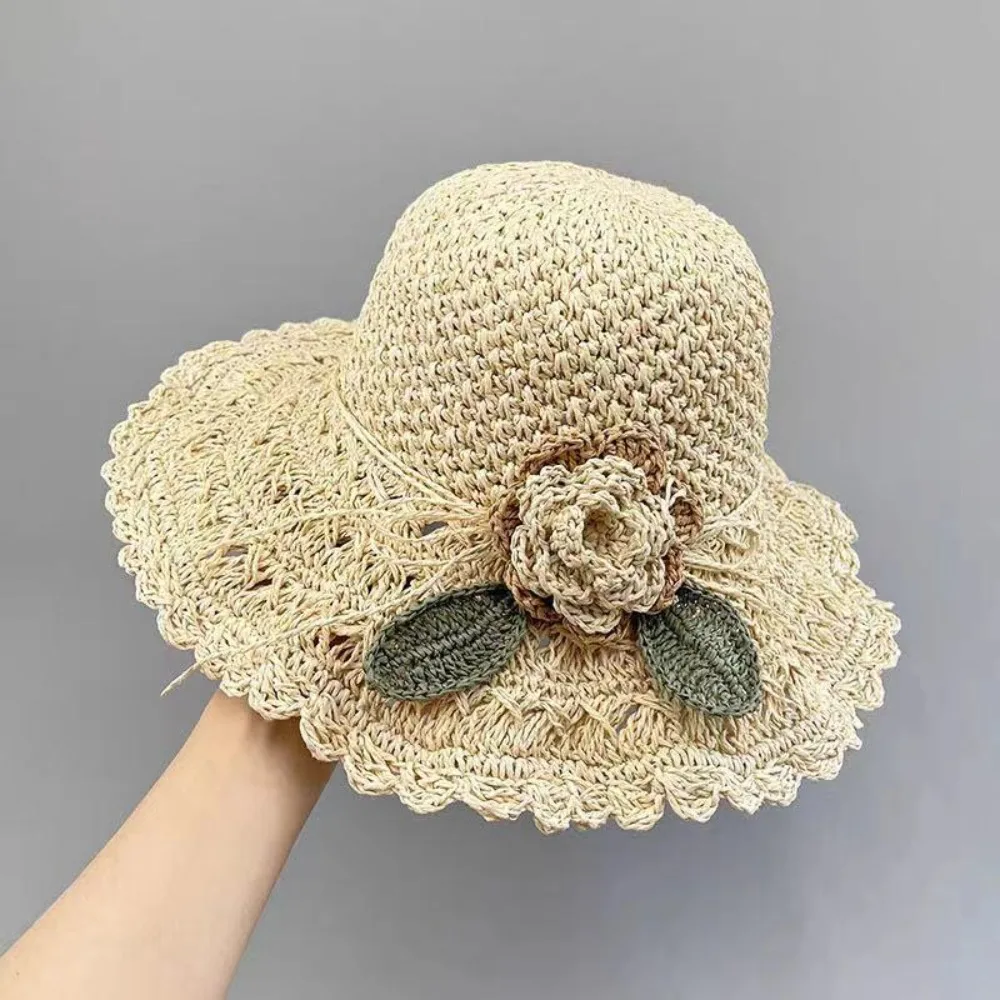 Elegant Crochet Straw Hat with Ruffle Detail Womens Summer Beach Straw Cap UV Protection Hand-Woven Sun Hat