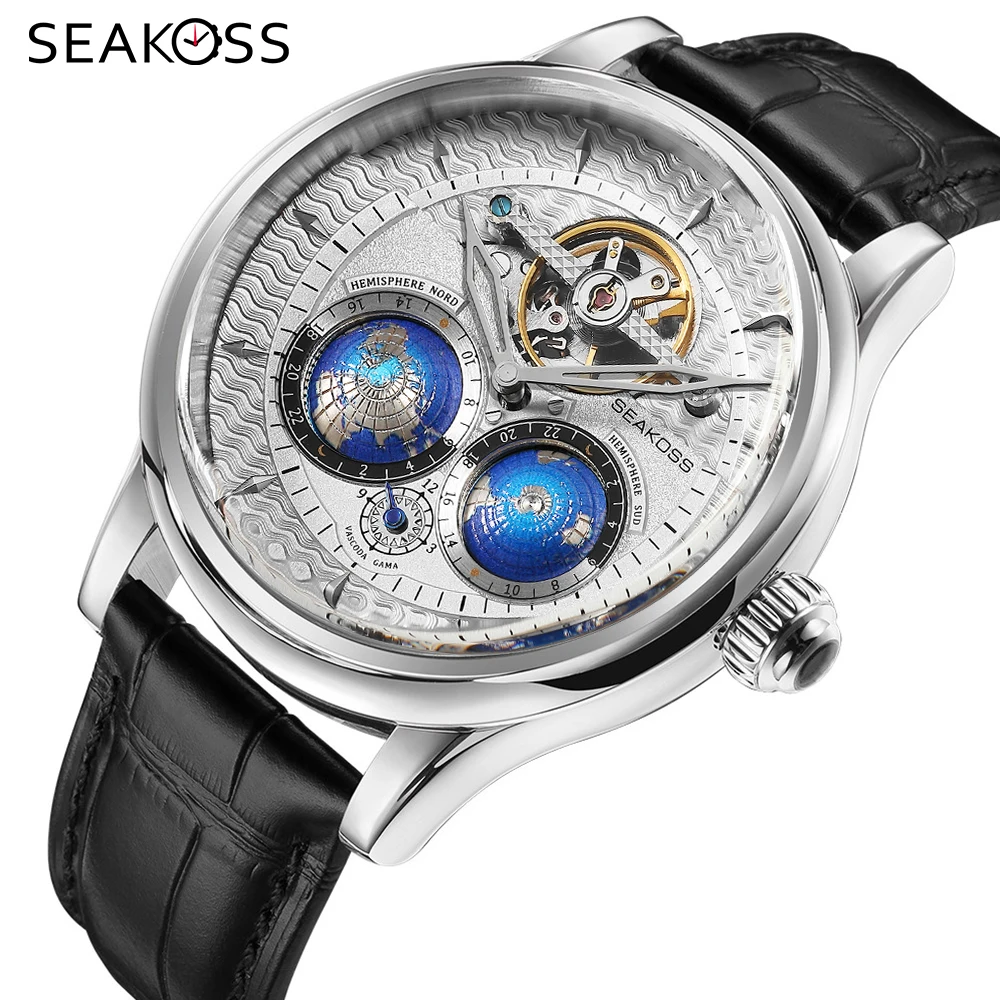 SEAKOSS Double Globe Automatic Rotating Men Mechanical Watches Earth Flywheel Device Men's Military Wristwatches 1963 Clock