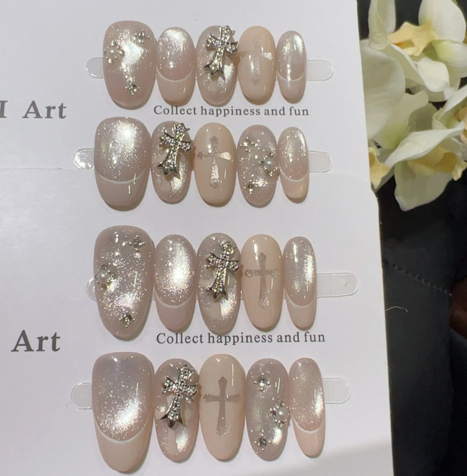 

10 шт., миндальные, чистые, ручной работы, накладные ногти, полное покрытие, бабочка, французский жемчуг, бриллиант, накладные ногти, носимые маникюрные типсы, искусство